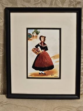 Vinyage Framed Danish Folk Art Postcard With Fabric And Embroidery